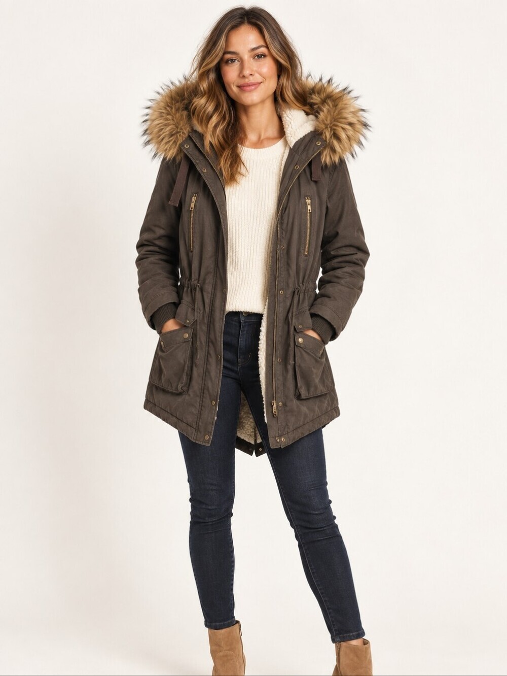 ASOS Parka Fur Trimmed Hood Utikity Medium Warmth Coat. Khaki/olive. Size 8